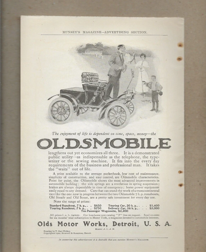 OLDS MOTOR WORKS OLDSMOBILE DETROIT 7 HP RUNABOUT 16 HP DELIVERY CAR 7-1905 Ad - Image 1 of 1