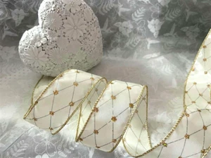 DIAMOND TRELLIS Gold on Ivory Sateen Wedding - Luxury Wire Edged Ribbon - 2m - Picture 1 of 11