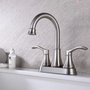 4 in. Grifo de baño de arco alto con conjunto de drenaje Centerset de 2 asas - Imagen 1 de 6