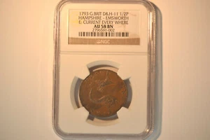 Great Britain- 1793 Half Penny- D&H-11- Hampshire-Emsworth-  NGC AU-58 BN - Picture 1 of 5
