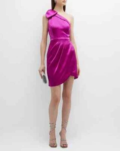 $350 Aidan Mattox Satin Bow One-Shoulder Mini Dress Hot Pink sz 2 Asymmetrical - Picture 1 of 2