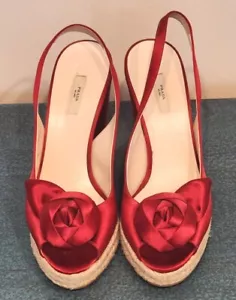PRADA Women Red Satin Woven Wedge Heel Slingback Espadrilles with Rosette Eur 39 - Picture 1 of 12