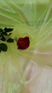 Organza Neón Green Iridescent Crinkle Sheer Pearlized Fabric Sold by The yard  - Picture 1 of 11