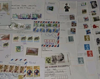 200 Lot of 100 International & 100 U.S.A. Postage Stamps On Envelopes 1989-2014  - Image 1 of 4