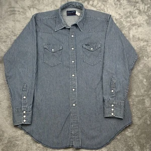 Vintage Wrangler Western Shirt Men Sz XL Blue White Heavy Denim Pinstripes XLong - Picture 1 of 14