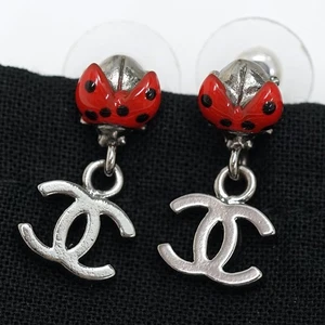 CHANEL CC Logos Ladybug Enamel Dangle Earrings Silver Tone 06P Auth w/Bag #9425 - Picture 1 of 7