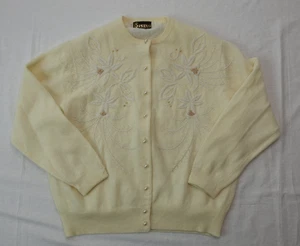 Vintage Hand Beaded Hong Kong Off White Lined Cardigan Sweater Cream Sz 42 M 50s - Picture 1 of 13