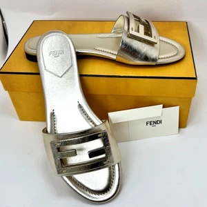 Fendi Baguette Golden Sandals Women Leather Slides Size 39.5 - Picture 1 of 15