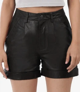 Women's Leather Black Shorts - Regular Fit Style - Real Lambskin Leather Shorts - Picture 1 of 6