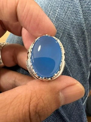 Natural Blue Chalcedony Gemstone 18k White Gold Ring For Men #3211 - Image 1 of 4