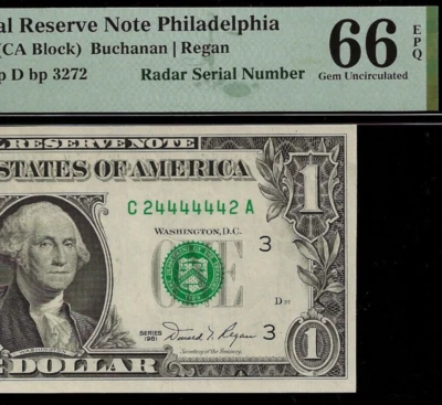 1981 $1 FRN Philadelphia radar PMG 66EPQ 3rd highest graded super radar 24444442 - Image 1 of 3