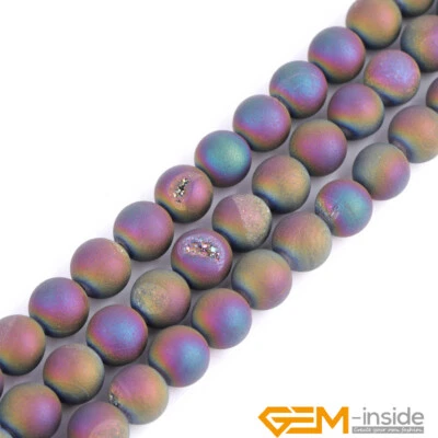 Metallic Titanium Coated Drusy Druzy Quartz Agate Round Jewellery Beads 15" UK - Image 1 of 4