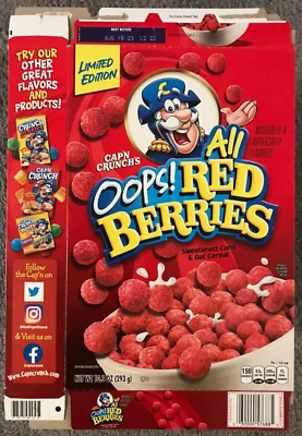 ПУСТЫЕ Cap'n Crunch Oops! Коробка для хлопьев All Red Berries LE Cereal Box Quaker Oats ПЛОСКАЯ 2022 - Изображение 1 из 2