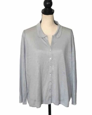 Cárdigan Poesía Cuello Talla 18 Azul Claro 100% Lino Manga 3/4 Recortado Cuadrado Foto 1 de 4