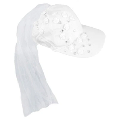 White Bride Baseball Cap Wedding Bridal Shower Batchelorette Hat w/ Veil & Roses - Image 1 of 3