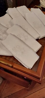 10 Serviettes  Monogramme M P  En damasse Blanc - Photo 1/4