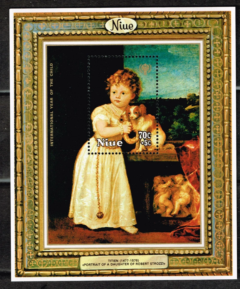 Niue Art Titian Famous Painting Girll and Dog Souvenir Sheet 1978 MNH A-5 - Image 1 of 1