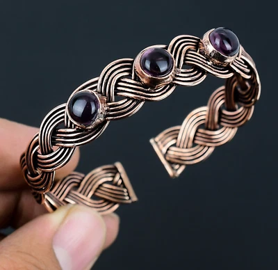 紫水晶宝石手工铜线包裹圆形珠宝手链 — 第 1/4 张图片