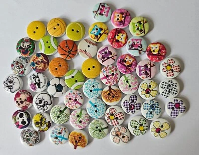 50 Assorted Wooden Buttons Size 15mm Skull, Sports, Owl, Tree and Flower - Image 1 of 3