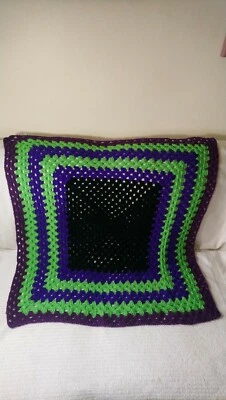 Afghan Throw Blanket Purple, Green and Black Granny Square Crochet, Size 39X39 - Image 1 of 4