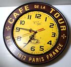 Horloge murale vintage métal CAFE de la TOUR Paris alimentée par batterie 12" 