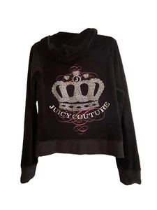 Juicy Couture Track Jacket Womens L Black Pink y2K Glitter Crest Embellished - Picture 1 of 10