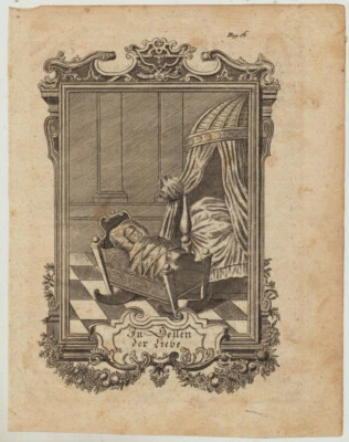 BABY in der WIEGE Original Ornament Kupferstich um 1760 Rollwerk Wickelkind - Bild 1 von 4