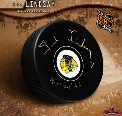 Подписанная шайба TED LINDSAY Chicago Blackhawks с надписью в Зале славы - Изображение 1 из 2