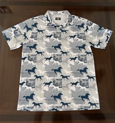 Waggle Кентукки гольф рубашка-поло лошадь печать белый синий мужской размер большой - Изображение 1 из 4