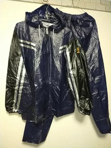 Navy blue with black tigerhead pvc plastic jacket and pants rainwear rainsuit - Picture 1 of 20