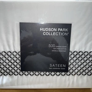 Hudson Park Collection 500TC Embroidered Geo Duvet Cover, Twin, Charcoal/White - Picture 1 of 6