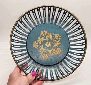 Vintage Art Deco Netzschale blau Metall mit goldenen Blumen Made in Germany - Bild 1 von 14