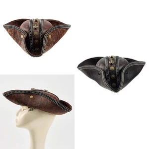 Adults Faux Leather Pirate Hat w/Skull Gear Novelty Tricorn Hat Halloween Cap - Picture 1 of 9