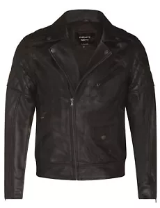 Mens Cross Zip Black Leather Biker Jacket Retro Vintage Quilted Jacket - Picture 1 of 4