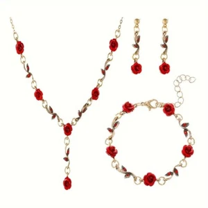 Schmuck Set gold rote Rosen Halskette Armband Ohrringe - Bild 1 von 5