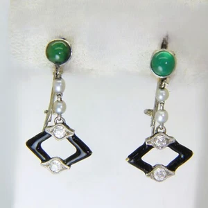 Pendientes colgantes victorianos de oro blanco de 15 quilates con perlas esmaltadas negras con diamantes esmeralda - Imagen 1 de 7