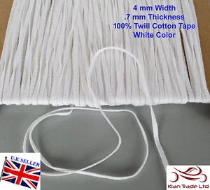 4mm Herringbone WHITE Cotton Webbing fabric StrapTape Sewing Bias Binding Stitch - Picture 1 of 1