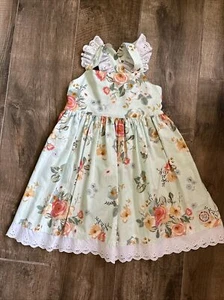 Girls Cheeky Plum Dress Size 7 Floral Mint Coral EUC Eyelet - Picture 1 of 4