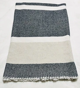 Navy Beige White ROCA HOME Striped Throw Lap Blanket 48" X 52" Made In Portugal - Picture 1 of 7