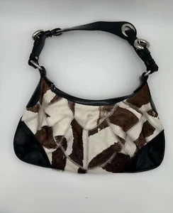 Francesco Biasia Brown White Cowhide Patchwork Leather Shoulder Bag Black Patent - Picture 1 of 6