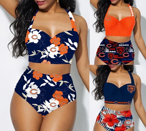 Chicago Bears 2Pcs Halter Swimsuit Womens High Waist Bikini Set Bathing Suit Cover