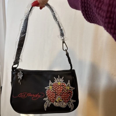 Ed Hardy Black Shoulder Bag with Rhinestone Heart Love Design Rose Zipper - Image 1 of 4
