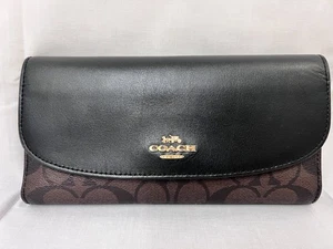 COACH Signature Canvas Black Slim Trifold Wallet with Checkbook Cover F57319 - Picture 1 of 16
