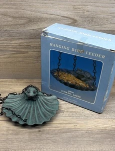 Hanging Bird Feeder Seashell with Frog 5.25-inch Green Tarnished Look - Picture 1 of 7