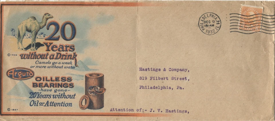 Advertising Cover Philadelphia PA Arguto Oilless Bearings camel design 1932 - Image 1 of 3