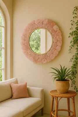 24" Rose Quartz Stone Wall Mirror, Modern Luxury Crystal Mirror - Image 1 of 4