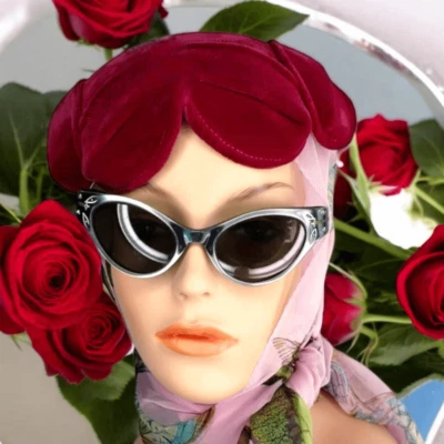 Розовый розовый бархат 1950-х Fascinator Пасадена Chapeau Джульетта Capulet шляпа - Изображение 1 из 4