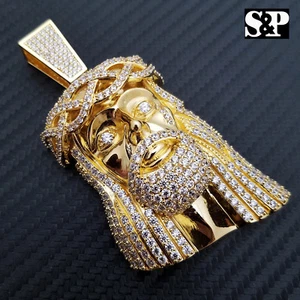 HIP HOP ICED 14K GOLD PLATED BLING BRASS MICRO PAVE LARGE JESUS HEAD PENDANT - Picture 1 of 5