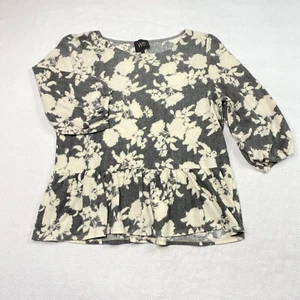 W5 Womens Top sz L Gray White Floral Fleece Peplum 3/4 Sleeve Round Neck Stretch - Picture 1 of 12