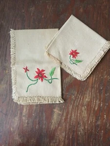set of 2 linens POINSETTIA tea-dyed fringed cloth TOWEL holiday Christmas - Bild 1 von 10